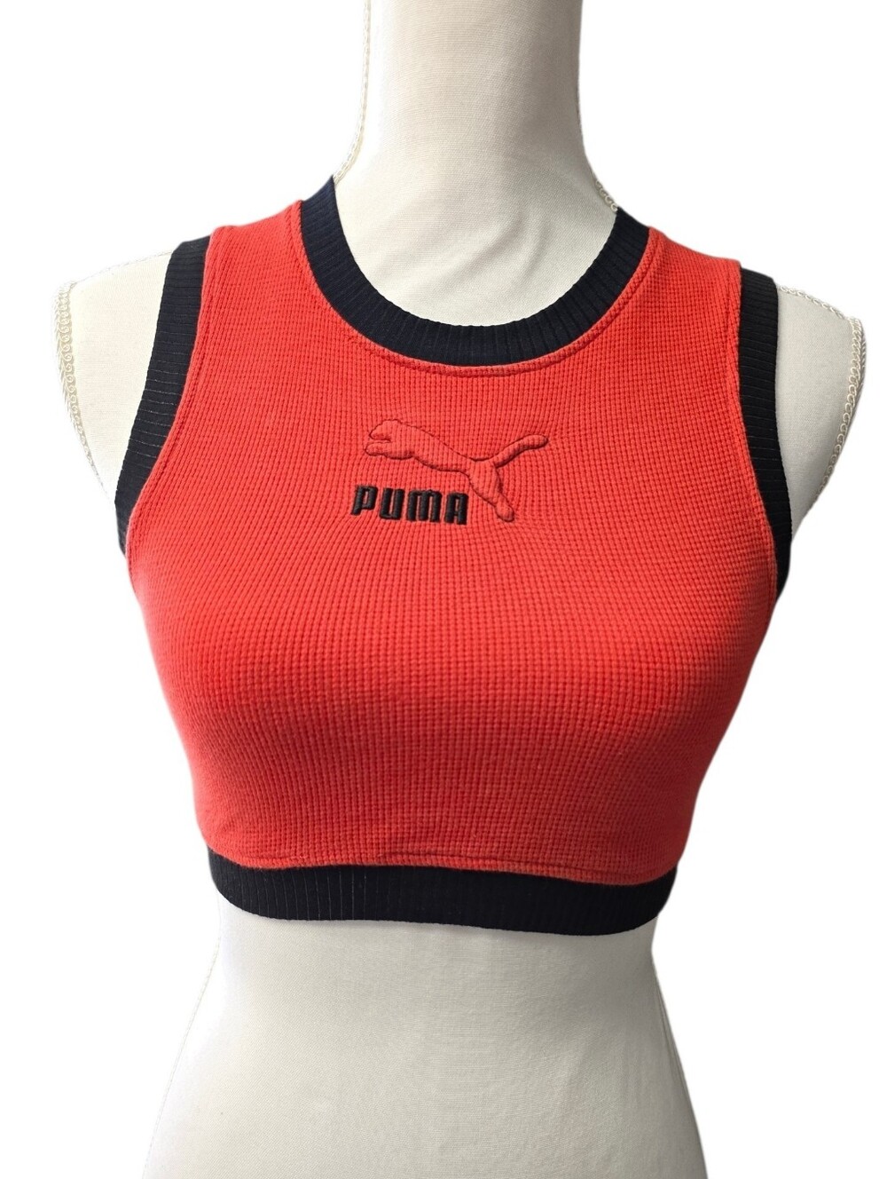 Puma Red Ribbed Crop Tank with Black Trim